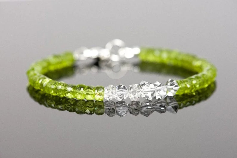 Peridot Herkimer Diamond Gemstone Bracelet, Handmade Gemstone Jewelry, Green Gemstone with White Crystals Bracelet