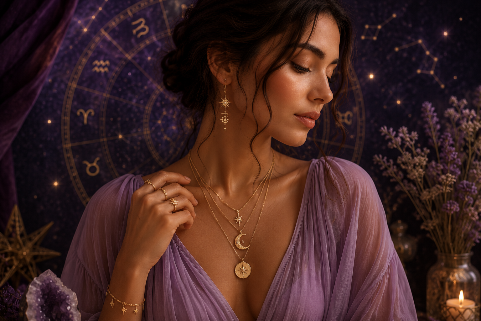 Woman wearing elegant zodiac jewelry by Malika Gems